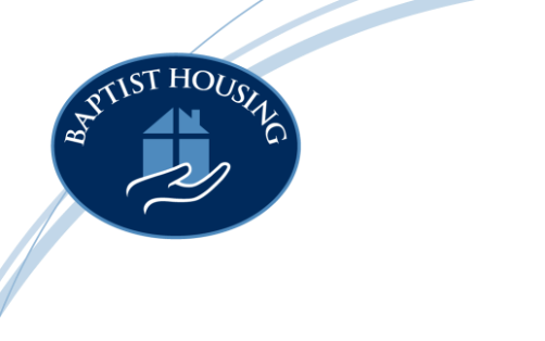 blue white and grey logo of baptist housing care homes in bc showing a hand holding up a house