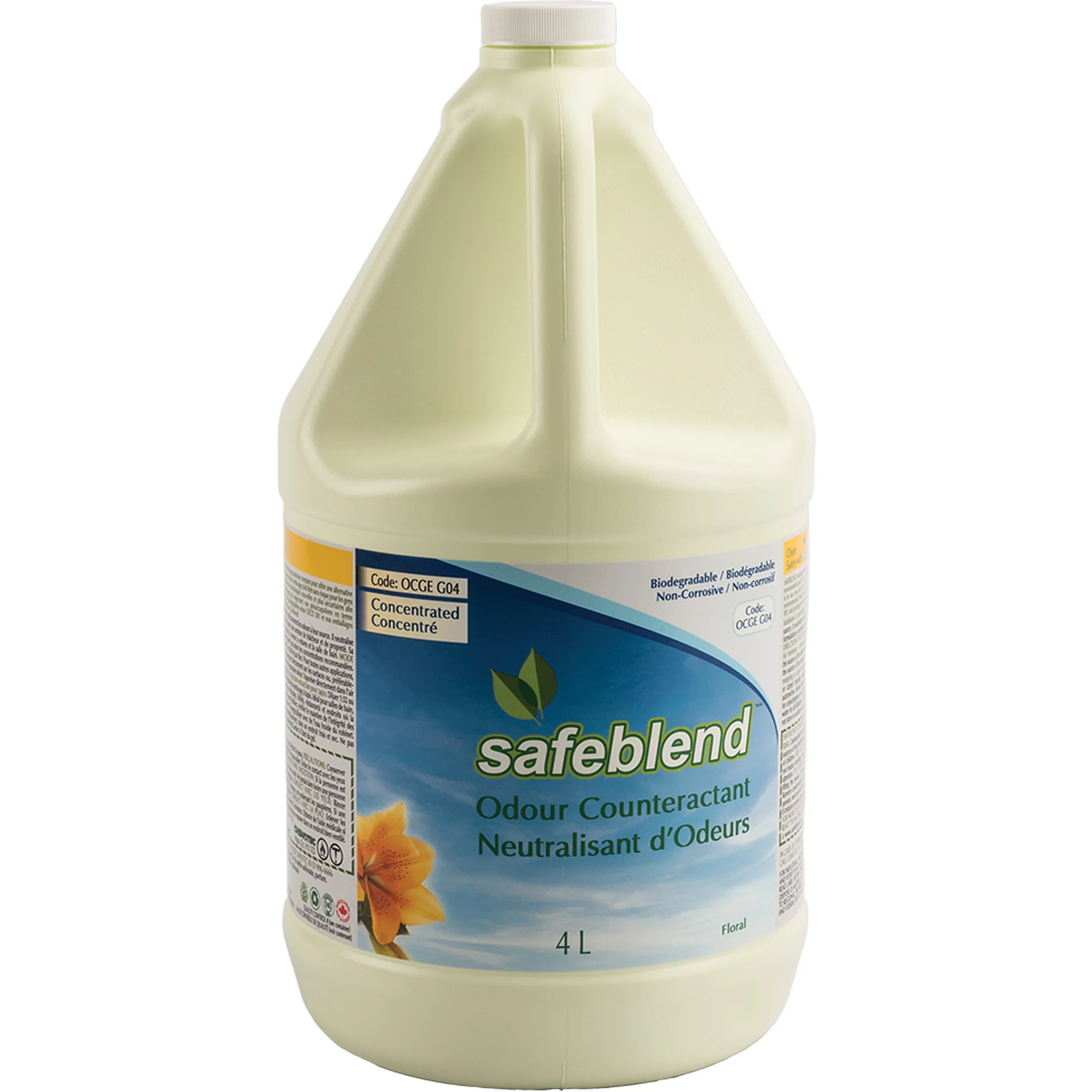 4 Litre bottle of safeblend odour counteractant deodorizing spray sold by haddon chemicals and equipment in delta bc