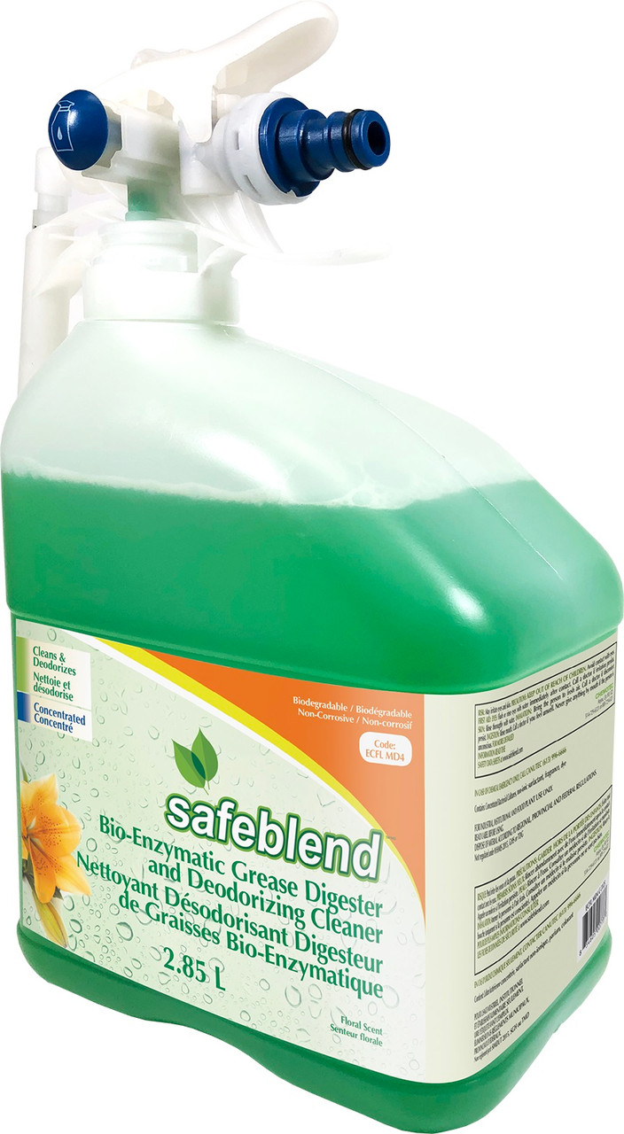 a large bottle of safeblend bioenzymatic grease digester and deodorizer