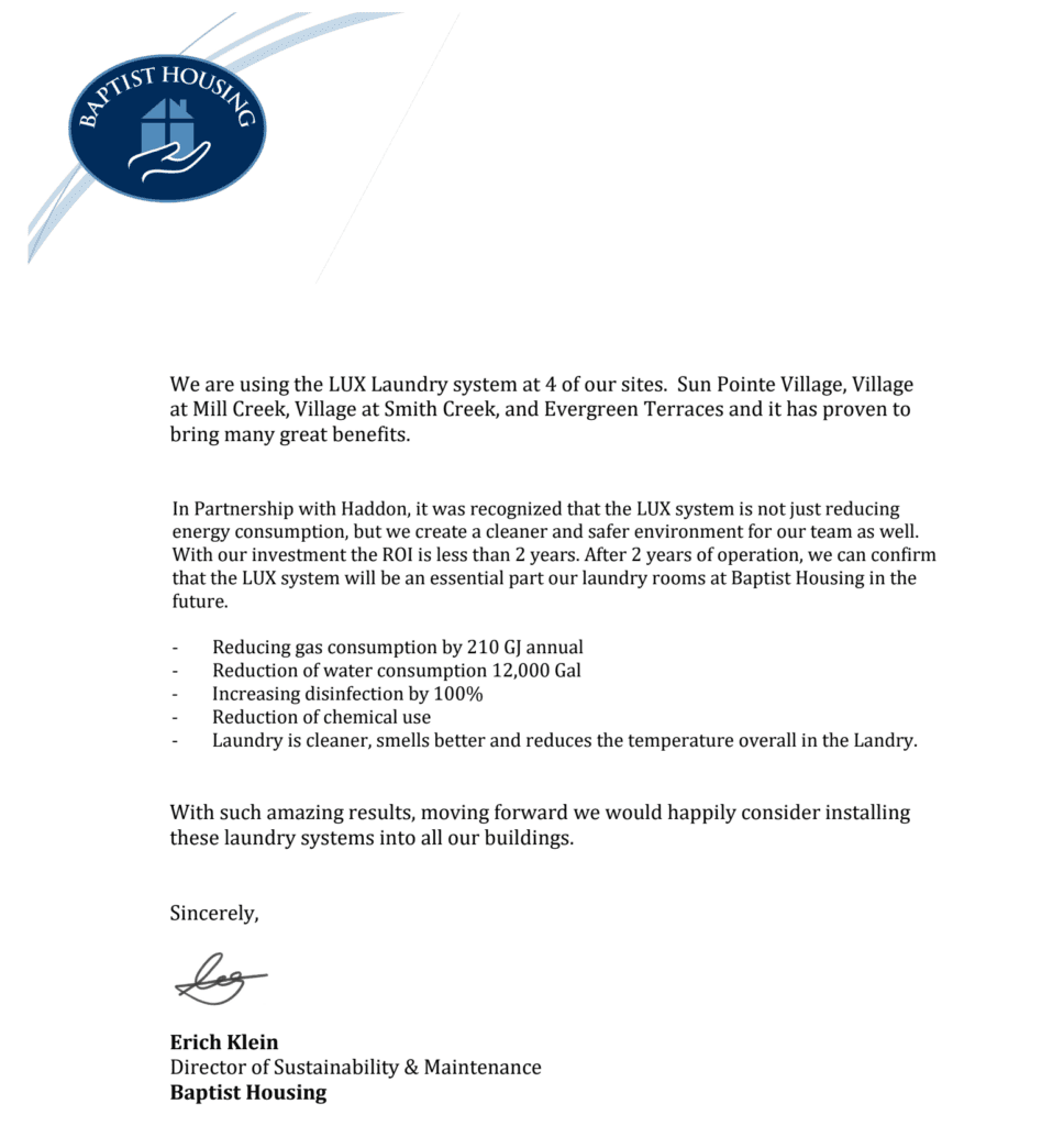 a testimonial letter about the lux laundry system from baptist housing director of sustainability and maintenance eric klein in the lower mainland of bc 