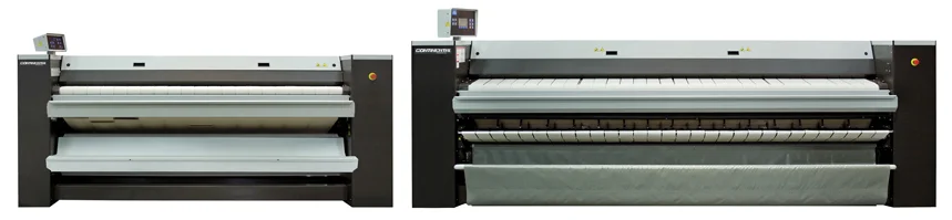two different sizes of flatwork ironers made by continental girbau sitting side by side