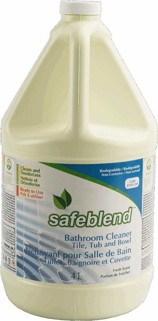 bottle of safeblend bathroom cleaner for tile tub and bowl used in hotel housekeeping