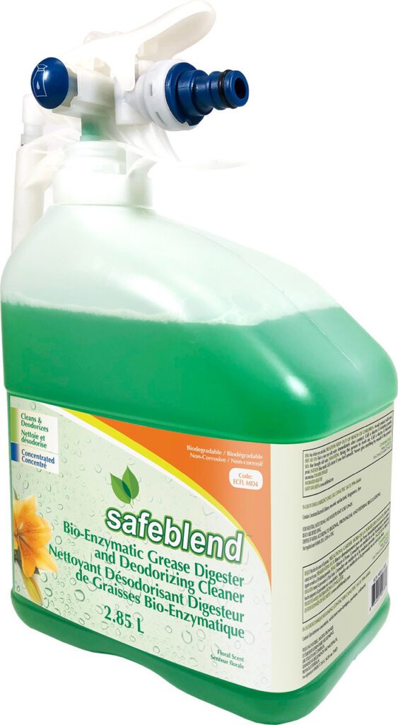 a large bottle of safeblend bio enzymatic grease digester one of the best housekeeping chemicals for hospitality