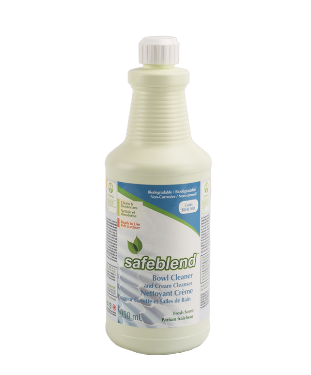 Small bottle of safeblend bowl cleaner used for cleaning toilets and tubs in the hospitality industry